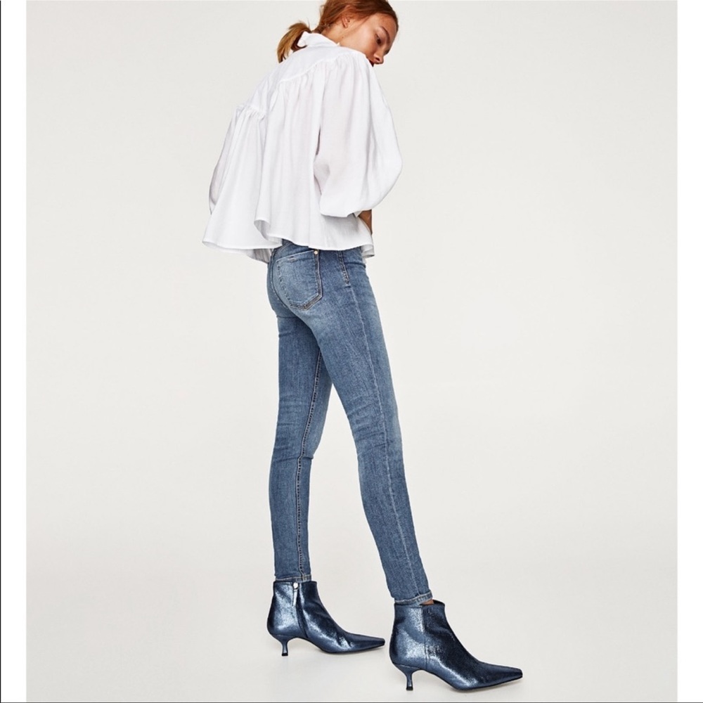 ZARA Kitten Heel Ankle Boots Metallic Blue leather